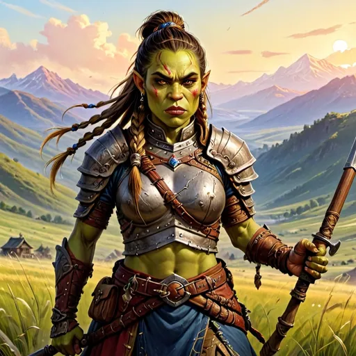 Prompt: (fantasy character art), (illustration), (Female Orc Mongol character), long braided hair, wielding a musket, detailed metal lamellar armor, cool color scheme, vibrant and inviting hues, set on picturesque grasslands under a golden sunset, intricate details, expansive blue sky, lush green fields, ethereal mood, high-quality 4K resolution, immersive fantasy RPG style.