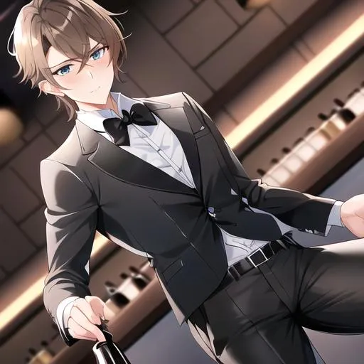 Prompt: Alex 1male. Short light brown hair. Soft and mesmerizing light grey eyes. Wearing a sleek black button-up shirt, paired with tailored black pants and shiny leather shoes. He completes the look with a stylish black vest and a classic black bow tie. UHD, 8K, standing behind a bar counter, blushing