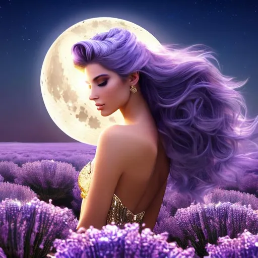 Prompt: HD 4k 3D 8k professional modeling photo hyper realistic beautiful woman ethereal greek goddess of the moon
lavender hair dark eyes gorgeous face pale skin shimmering dress with sequins shiny jewelry and gold diadem full body surrounded by magical glowing moonlight hd landscape background personification of the moon riding a winged horse