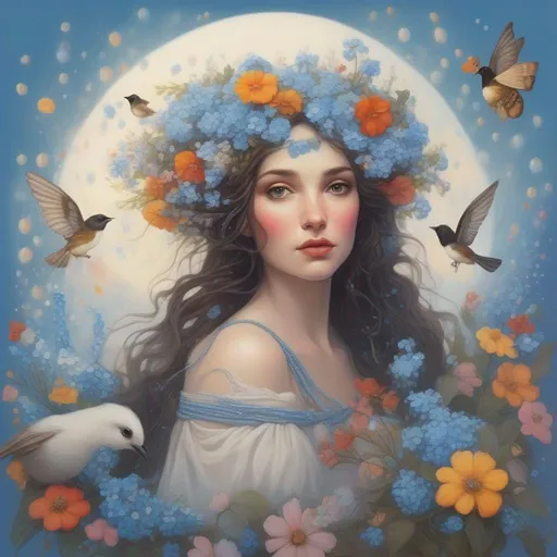 Prompt: A beautiful and colourful Persephone whose brunette hair is made of clouds that rains down forget-me-not flowers and baby's breath flowers made of jewels, while chickadees fly around her; in a painted style