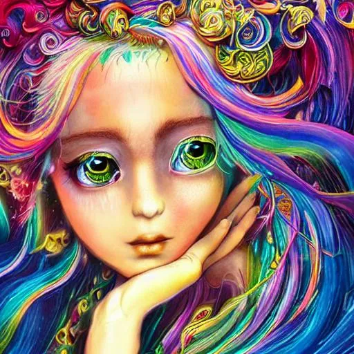 Prompt: Portrait of a rainbow goddess, rainbow hair and eyes, hyper detailed, flowing, floating, casting magic, elf ears, oil painting effect, | by naoko takeuchi and anna dittmann and karol bak      