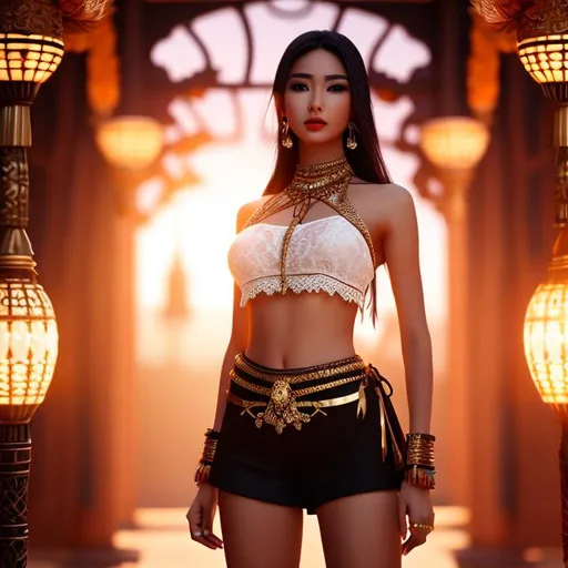 Prompt: CGI oriental western, 4K high resolution, full body view, soft lighting, petite female alchemist, intricate blonde hair, tanned skin, long red linen jacket, black bikini top, short black shorts, black lace up boots