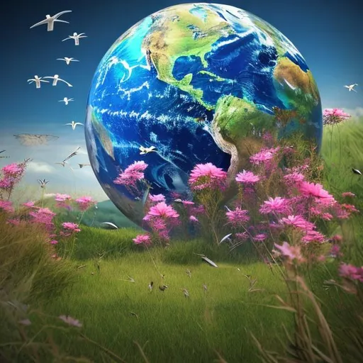 Prompt: Earth without human
realistic
oceans 
birds
flowers
grass
detailed 
desciptive
4k
photo realistic


