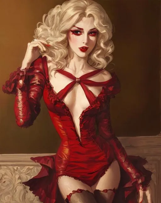 Prompt: Beautiful female toreador from vampire the masquerade, Haddon Hubbard Sundblom, post-impressionist style painting, 1960's clothing, 1960's hairstyle, very detailed, photorealistic, UHD