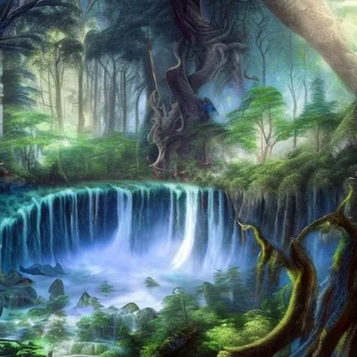 Prompt: a mystical planet covered in waterfalls and forests and beings made of pure light