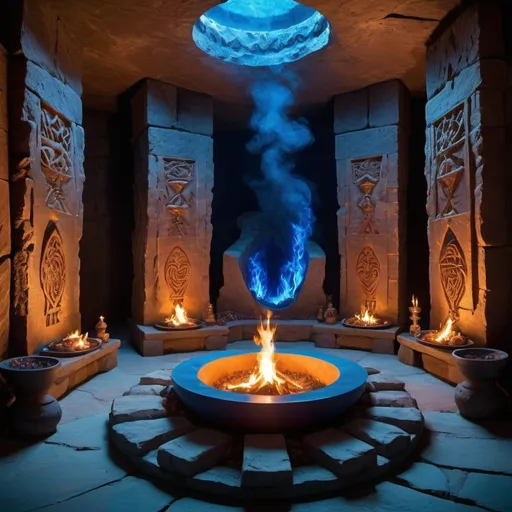 Prompt: The ancient cooking method of Atlantis, featuring a mystical fire pit surrounded by intricate stone carvings, emitting vibrant blue flames that dance with otherworldly energy. The flames lick at the air, casting ethereal shadows on the surrounding cavern walls adorned with ancient runes and symbols, hinting at lost knowledge. The air is thick with the aroma of exotic spices and herbs, as unseen hands expertly prepare a feast fit for the gods. Photography, using a high-resolution DSLR camera with a wide-angle lens to capture the intricate details and vibrant colors of the scene, --ar 16:9 --v 5