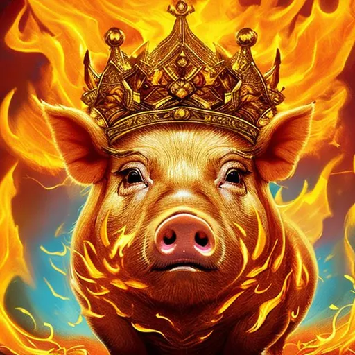 Prompt: Golden pig wearing a crown made of fire