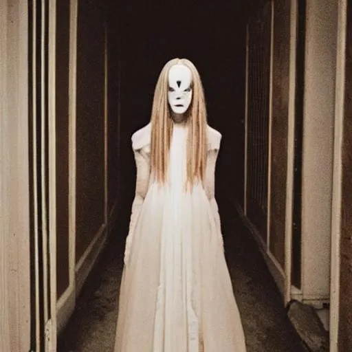 Prompt: VSCO, haute couture, dimly lit hallway, terrifying visuals, horror elements, dark ambiance.