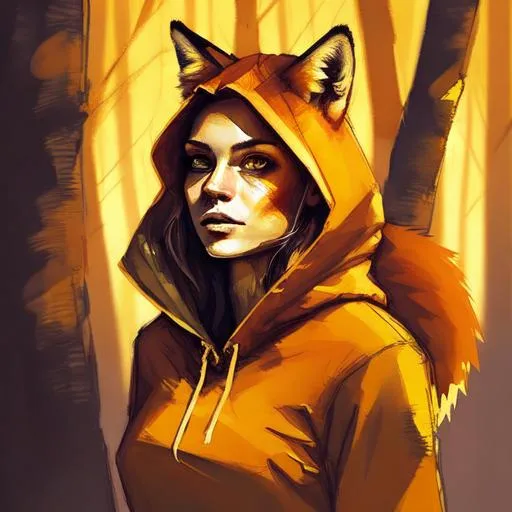 Prompt: woman fox in the forest in dusk, with golden eyes, full body image