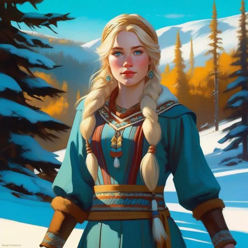 Prompt: Third person, gameplay, Saami girl, pale skin, blonde hair, freckles, teal eyes, snow, golden atmosphere, cartoony style, extremely detailed painting by Greg Rutkowski and by Henry Justice Ford and by Steve Henderson 