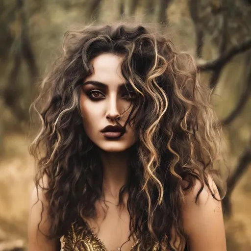 Prompt: beautiful wild woman with dark mid length shaggy wavy hair and gold eyes with sharp features 