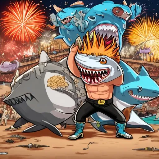 Prompt: shark week, guy fieri, meowth, oiled-up wrestling, fireworks, boulder, sisyphus