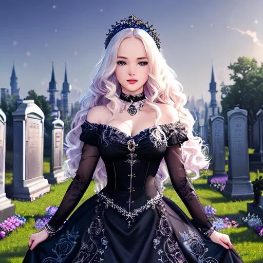 Prompt: Dove Cameron, full body, Hyper realistic, detailed face, casting dark magic spells, battlefield ethereal black blue lace royal princess two piece dress, floating city in background, jewelry set, curly long hair, cemetery and black flowers  in the background, royal vibe, highly detailed, digital painting, HD quality, pale skin, artgerm, by Ilya Kuvshinov 

