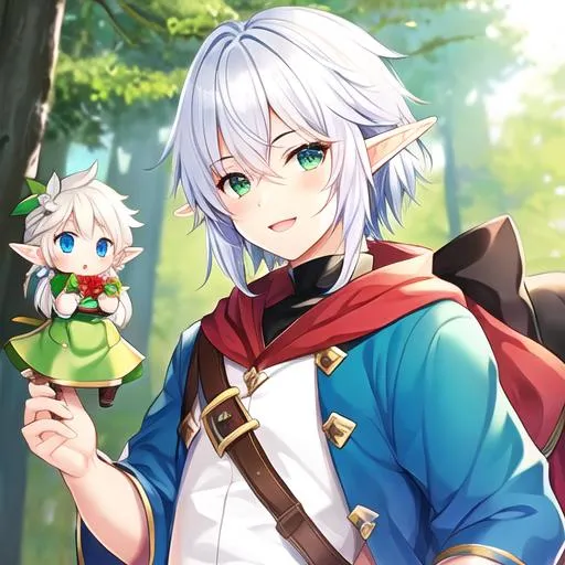 Prompt: Cute Elf boy with white hair. He had galaxy green eyes. They are in a forest