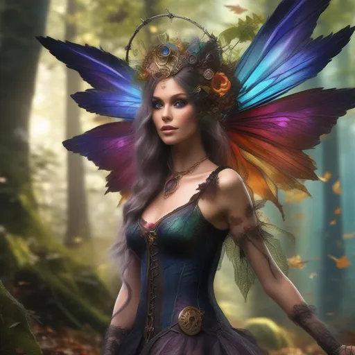 Prompt: Epic. Cinematic. Shes a (colorful), Steam Punk, gothic, witch. spectacular, Winged fairy, with a skimpy, (colorful), gossamer, flowing outfit, standing in a forest by a village. ((Wide angle)). Detailed Illustration. 8k.  Full body in shot. Hyper real painting. Photo real. An (extremely beautiful), shapely, woman with, (anatomically real hands), and (vivid), colorful bright eyes. A (pristine) Halloween night. (Concept style art). 
