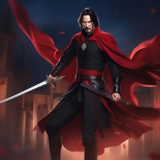 Prompt: Keanu Reeves as a Vampire, wearing a brigandine and red shoulder cape, dual wielding swords, action pose, detailed background, UHD, Perfect Face, Perfect Hands, High Quality, {{Masterpiece}}, Anime