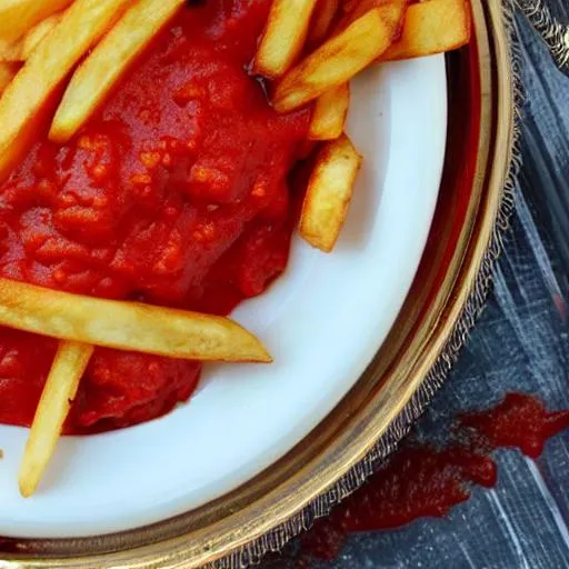 Prompt: french fries with tomato sauce in a golden plate.
