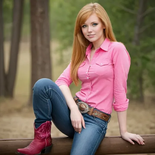 Prompt: Very beautiful blonde and a red head. Girl She is wearing a pink shirt. Jeans and cowboy boots