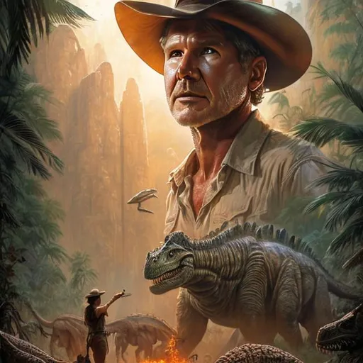 Prompt: ultra realistic illustration for movie starring Harrison Ford entitled 'Indiana Jones in the Valley of Dinosaurs', intricate, elegant, highly detailed, digital painting, artstation, concept art, smooth, sharp focus, illustration, art by artgerm and greg rutkowski and drew struzan