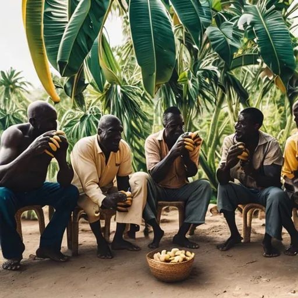 Prompt: Men eat bananas under a palm