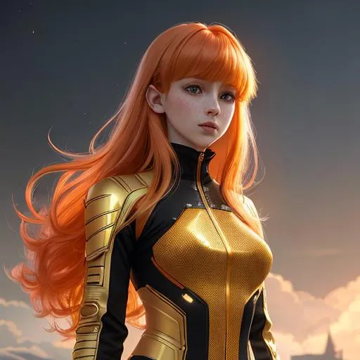 Prompt: intricately detailed, volumetric lighting, complementary colors, digital illustration, ethereal, fantasycore, hip length long ginger hair, choppy bangs, anime hair, pale skin, freckles, female, beautiful, lovely, attractive, cute, vibrant golden amber eyes, dainty nose, soft cheeks, full lips, well defined jawline, techwear outfit, revealing outfit, 3/4 view, semi-realistic, 8k resolution, emotionless, fearsome look, vibrant colors, earrings, anime, spider bite lip piercings, septum nose piercing, eyebrow slit, bridge nose piercing, tattoos, facial piercings, ring lip piercings on both sides of lower lip, ring piercing on septum, bar piercing on bridge of nose, gold amber eye color, black leotard styled body suit with open sides and revealing v-neck. high waisted buckle up black chaps with connected black stirrups, black fingerless gloves, full body