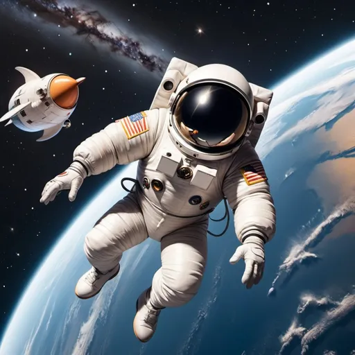Prompt: You
Photo realistic style Looney tunes a little person fat short Asian man in space suit floating out in space over the earth tethered to a space shuttle, lots of stars and galaxies,a serene scene reflecting the vastness of space