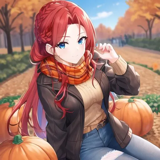 Prompt: Haley 1female (braided red hair pulled back, lively blue eyes), highly detailed face, 8K, UHD, wearing a cozy oversized sweater, ripped jeans, and ankle boots, in the park, fall. Model, wearing a scarf, looking up at the sky, in a pumpkin patch