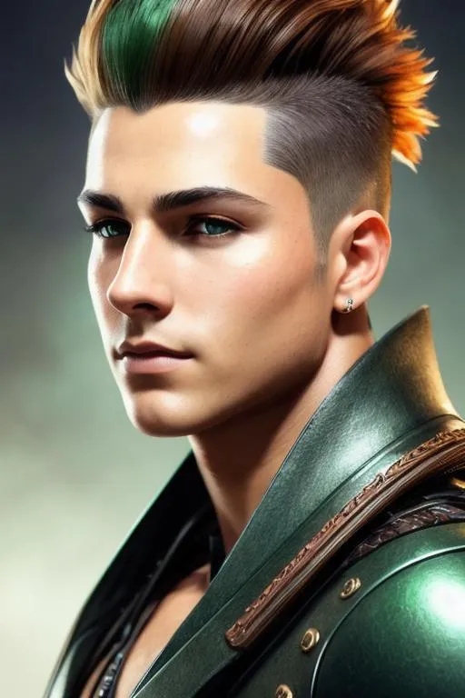Prompt: Young man, rolled Mohawk auburn hair, side shaved, slightly tanned, green eyes, mischievous, dark fractals, heroine, oil painting, portrait, intricate complexity, rule of thirds, character concept art, Hyperrealist, splash art, concept art, mid shot, intricately detailed, color depth, dramatic, 2/3 face angle, side light, colorful background intricate details, HDR, beautifully shot, hyperrealist, sharp focus, 64 megapixels, perfect composition, high contrast, cinematic, atmospheric, moody,  Epic cinematic brilliant stunning intricate meticulously detailed dramatic atmospheric maximalist digital matte painting


