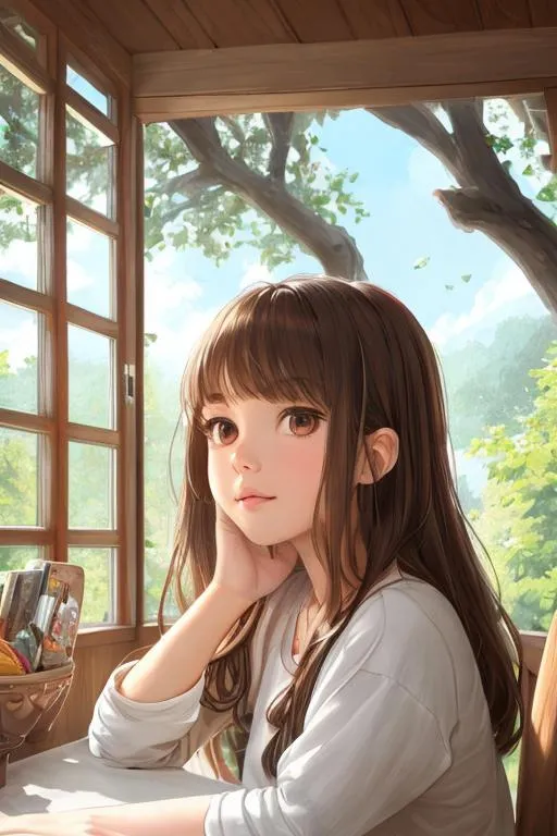 Prompt: close up shot, cinematic shot,

a girl sitting near window, enjoying afternoon time, cute face, calm, ultra detailed tree house interior background, detailed face, detailed eyes, innocent, detailed nose, detailed mouth and lip, detailed interior,

2D illustration, 2D character design, 2D flat color, 2D digital illustration, 2D vector illustration, vibrant color, 

((sunshine, very strong sunlight on face, cinematic lighting, volumetric lighting, iridescent lighting reflection, reflection, beautiful shading, head light, back light, natural light, ray tracing, symmetrical)), (((masterpiece, professional, professional illustration, long pink hair, beautiful bang, stray hair))),

UDR, HDR, 64k, beautiful, stunning, masterpiece, inspired by atelier series,