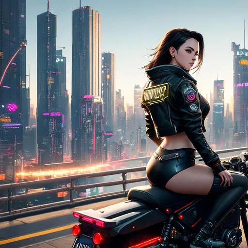 Prompt: Capture a riveting high-resolution portrait of a young woman immersed in a cyberpunk universe, seated on the hood of a Quadra Type-66 Avenger. The picture is taken from behind, focusing on her and the vast cityscape that unfurls in front of her.

She sports a high-collar jacket reminiscent of the iconic style from Cyberpunk 2077, her silhouette illuminated by the vibrant neon city lights. Her look should personify the fusion of the past, present, and future - a living embodiment of the cyberpunk genre.

The Quadra Type-66 Avenger, a symbol of a bygone era, sits majestically on a hill, its classic lines infused with modern, cybernetic alterations. It overlooks a sprawling cityscape bristling with towering skyscrapers, their heights adorned with holographic billboards flashing relentless advertising.

The shot is set at night, embodying the quintessential cyberpunk atmosphere. The city's glow, tinged with neon blues, pinks, and purples, casts an ambient light over the scene. Capture this light in detail, highlighting the interplay between the metallic surfaces of the Mustang and the woman's clothing, and the vibrant cityscape.

Foreground elements, like the woman and the Mustang, should be as detailed as the cityscape in the background. The photo must capture the stark contrast between the quiet stillness of the woman and her vintage car, and the bustling, high-tech city beneath.

Ensure to apply the highest professional photographic standards, with sharp detailing of the subject's facial features and clothing, the Mustang's cybernetic modifications, and the city's intricate architecture. The image should encapsulate a cyberpunk narrative - a world where high-tech meets low life, depicted in a solitary moment on a hill overlooking a city of neon dreams.