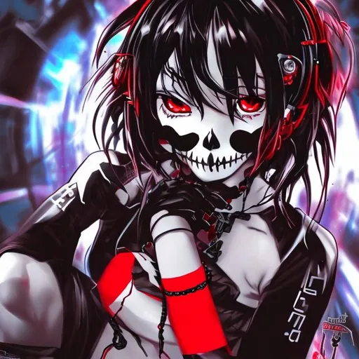 Prompt: a emo anime girl with black hair and red highlights, light red eyes, black and red t shirt, and skull earings