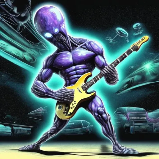 Prompt: Bodybuilding paramecium, playing guitar for tips in a busy alien mall, widescreen, infinity vanishing point, galaxy background