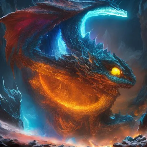 Prompt: (masterpiece, professional graphic art, epic digital art, best quality:1.5), insanely beautiful large ((etherion dragon)), (dragon quadruped), ice and fire elemental, rigid scales, mix of etherion fire and deadly ice crystals, proud, volcanic fire, antarctic frost, nova beam,((insanely detailed alert amethyst eyes, sharp focus eyes)), gorgeous 8k eyes, scaly neck ruff covered in fire,majestic figure, single tail with elegant scales, (plump), proud chest, enchanted, magical, finely detailed scales, hyper detailed scales, (soft silky insanely detailed scales), presenting magical jewel, moonlight beaming through clouds, standing majestically on a dias made of mixture of fire and ice elements, ruby, sapphire, emerald, topaz, amethyst, violent lightning, cool colors, professional, symmetric, golden ratio, unreal engine, depth, volumetric lighting, rich oil medium, (brilliant auroras), (ice storm),(fire storm) full body focus, beautifully detailed background, cinematic, 64K, UHD, intricate detail, high quality, high detail, masterpiece, intricate facial detail, high quality, detailed face, intricate quality, intricate eye detail, highly detailed, high resolution scan, intricate detailed, highly detailed face, very detailed, high resolution