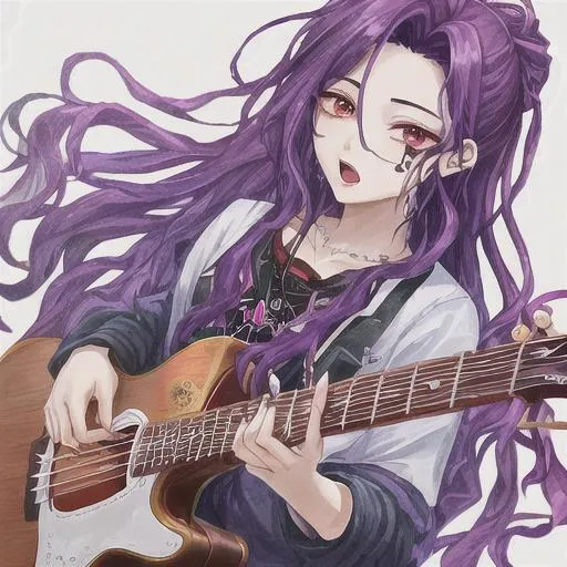 Prompt: high-quality, Jungkook singing with a girl, Korean, long wavy dark hair dyed purple on the ends of her hair,