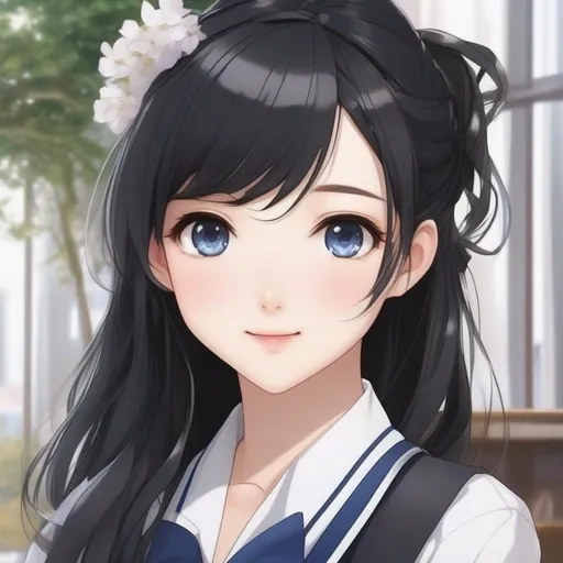 Prompt: a cute anime female pupil,  school uniform, black hair, masterpiece, oily skin. 
Perfect anatomy, perfect fingers, best quality, beautiful skin, detailed face. Beautiful face, ultra-detailed, an extremely delicate and beautiful, 