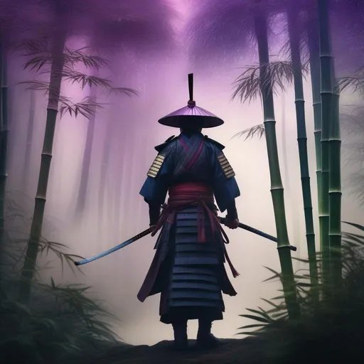 Prompt: Young samurai standing in misty bamboo forest; Ultra HD render in the style of Brian Froud; Digital watercolor with glowing effects; mysterious and wise aura; hyper-detailed botanicals and artifacts; magical ritual; earth tones with luminescent purples; UHD resolution