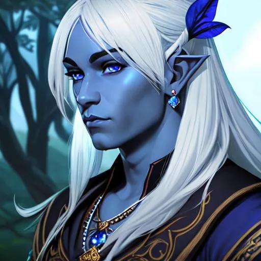 Prompt: half body portrait, male, drow,  pointed ears, blue ears, ((blue skin:0.6)), detailed face, detailed eyes, full eyelashes, ultra detailed accessories, detailed village, village worker, mature, background, simple apron, short  messy hair, dnd, artwork, fantasy ,inspired by D&D, concept art, ((looking away from viewer)), ((muted colors)), ((faded colors)), art inspired by Agnes Cecile