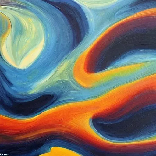 Prompt: The painting could be dominated by swirling lines and shapes, evocative of the wind's power as it bears down on everything in its path. The colors could range from cool blues and grays to warm oranges and reds, representing the stormy summer morning 