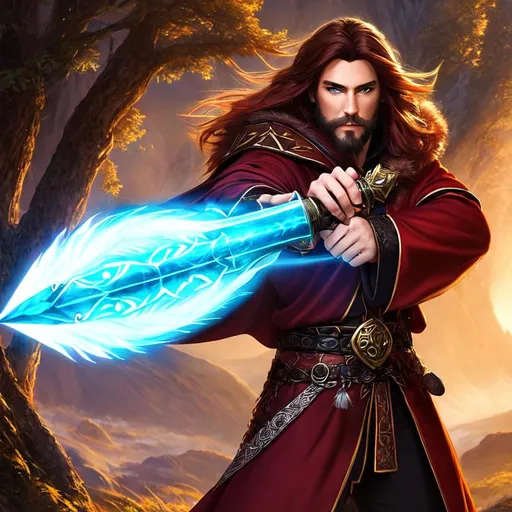 Prompt: Fantasy style, a hyper realistic detailed image of combative druid, male elf, brown goatee, spellsword, looking straight ahead, body facing camera, camera top third of image, perfect composition, super detailed, sharp focus HDR, UDR, 120k, red and black robes, fur collar, long straight windblown shiny brown hair, radient blue eyes, in a mountain forest fantasy background, exposed midriff, muscular 