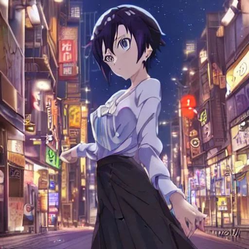 Prompt: Street wear anime girl at night in style of Makoto Shinkai