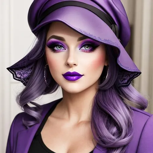 Prompt: A woman all in purple, pretty makeup, wearing a hat