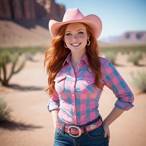 Prompt: Full height photo of Beautiful curvaceous young model, suntanned white skin, long red head hair, vibrant blue eyes, intricate face detail, arched eyebrows, wearing a pink checked shirt, blue jeans, pink cowboy boots, pink cowboy hat, leather belt with silver buckle, pink crystal jewelry, smiling, standing outside in a desert southwest town, daylight, high-res, professional photo, advertising style, highly detailed, perfect hands, pink color theme.