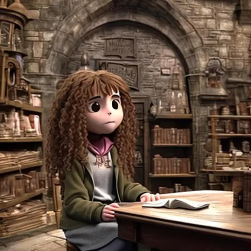 Prompt: Hermione (a cartoon cat) is sitting in hogsmade in harrypotter