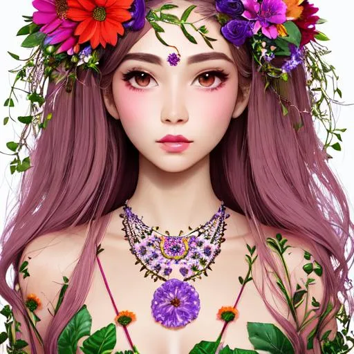 Prompt: flowers sprouting everywhere from all over the body including the eye sockets and the clothes are made out of flowers too hair made out of thin vines with blooming flowers skin covered with flower petals mouth with flowers nostrils with flowers eyelashes flowers flower tattoos flower necklace