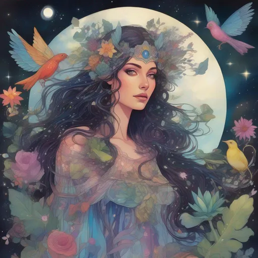 Prompt: A vibrantly and brightly coloured and colourful and beautiful head to toe Persephone as a fairy with iridescent fairy wings; with succulent, feathers and gems in her brunette hair. In a beautiful flowing dress made of plants. Surrounded by birds and clouds, in a painted style in a marvel comics style framed by the constellations and the moon