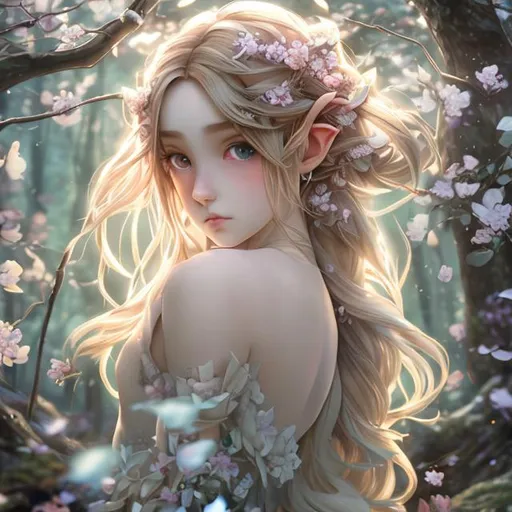 Prompt: (masterpiece) (highly detailed) (top quality) (cinematic shot)  anime style, 4:1, front view, goddess of forest, instagram able, 1girl with elf ears walking into the forest, reflections, depth of field, 2D illustration, professional work, long hair, blonde hair, centered shot from below, dark blue eyes, cherry blossom forest,