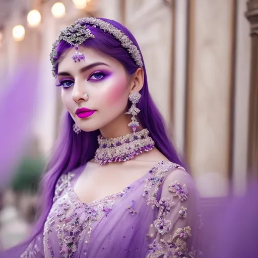 Prompt: Beautiful lady wearing lavender dress, AI, fined features, 8K, fair and glossy skin, big eyes, light makeup, fashion jewelry, rosy lips, dimple