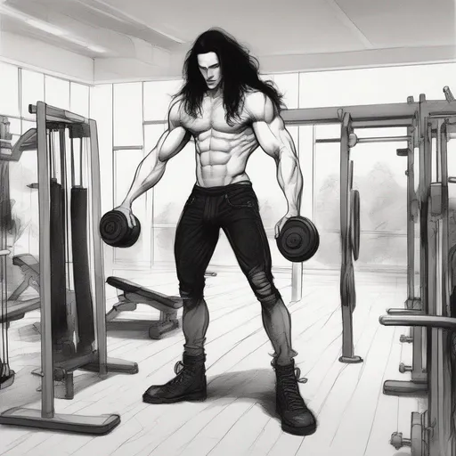 Prompt: a manecing skinny white guy with a long black hair using black boots at the gym drawing by windsor smith
