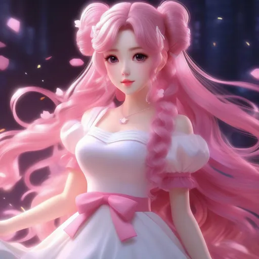 Prompt: 3d anime woman pink long curly pigtails hair and white dress and beautiful pretty art 4k full HD