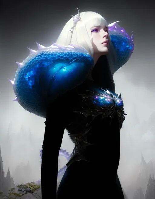 Prompt: A  beautiful white dragon queen, pearlescent white skin, stunning symmetrical  beautiful face, violet iridescent eyes, popped up colar cape made of dragon iridescent white scales art by greg rutkowski, sung choi, artgerm, pino daeni, karol bak, cushart, wlop, craig mullins, hyperdetailed, perfect composition, super clear definition, unreal engine, dramatic makeup, silver shining silky white hair